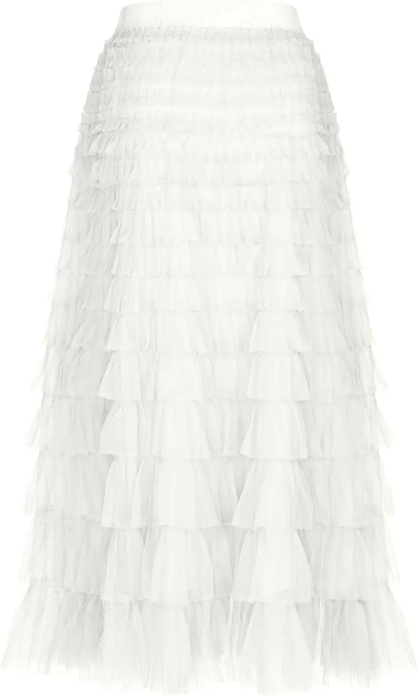 Women's Ruffle Layered Midi Skirts High Waist Elegant Mid Calf Length Skirt Solid A Line Cake Skirts Work Outfits