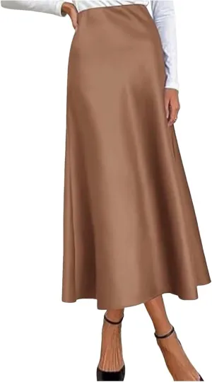 Womens Satin Silk Maxi Skirts High Waisted Skirts 2025 Trendy Casual Elegant Cocktail Party Flared A-Line Midi