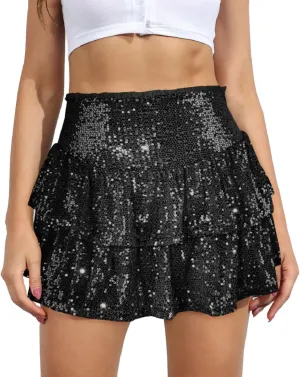 Womens Sequin Mini Skirt with Shorts Layered Ruffle High Waist Flowy Sparkly Glitter Skirt