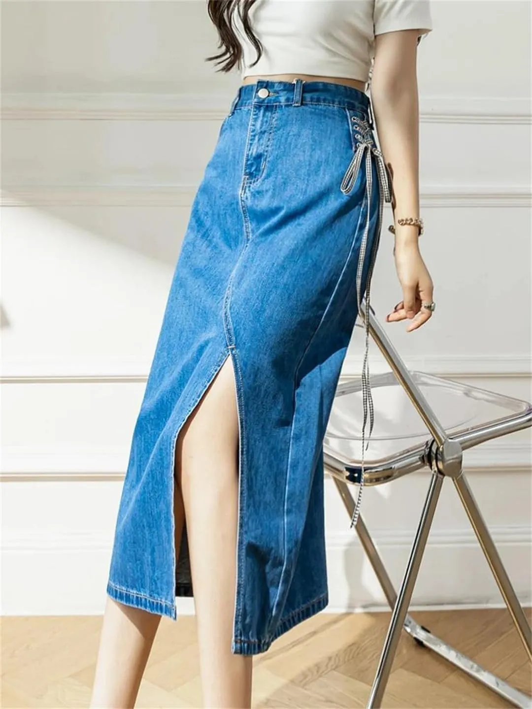 Women's Sexy Side Lace-Up Jeans Skirts with Slit High-Waisted Big Pockets Irregular Denim Skirts
