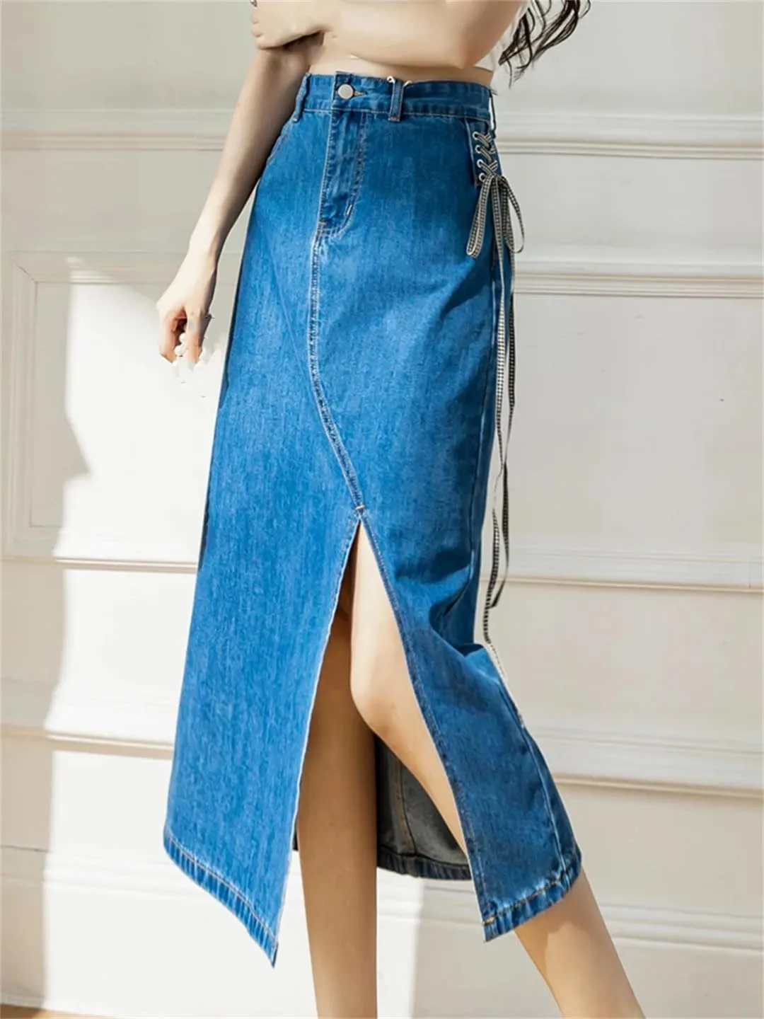 Women's Sexy Side Lace-Up Jeans Skirts with Slit High-Waisted Big Pockets Irregular Denim Skirts