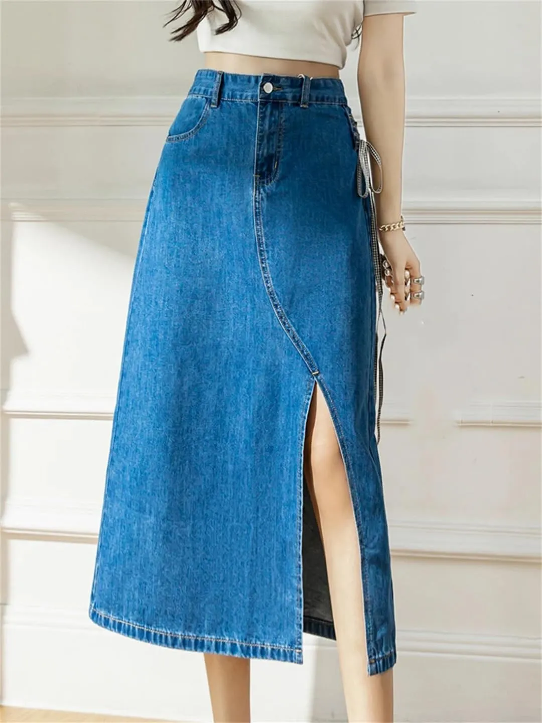 Women's Sexy Side Lace-Up Jeans Skirts with Slit High-Waisted Big Pockets Irregular Denim Skirts