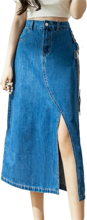 Women's Sexy Side Lace-Up Jeans Skirts with Slit High-Waisted Big Pockets Irregular Denim Skirts