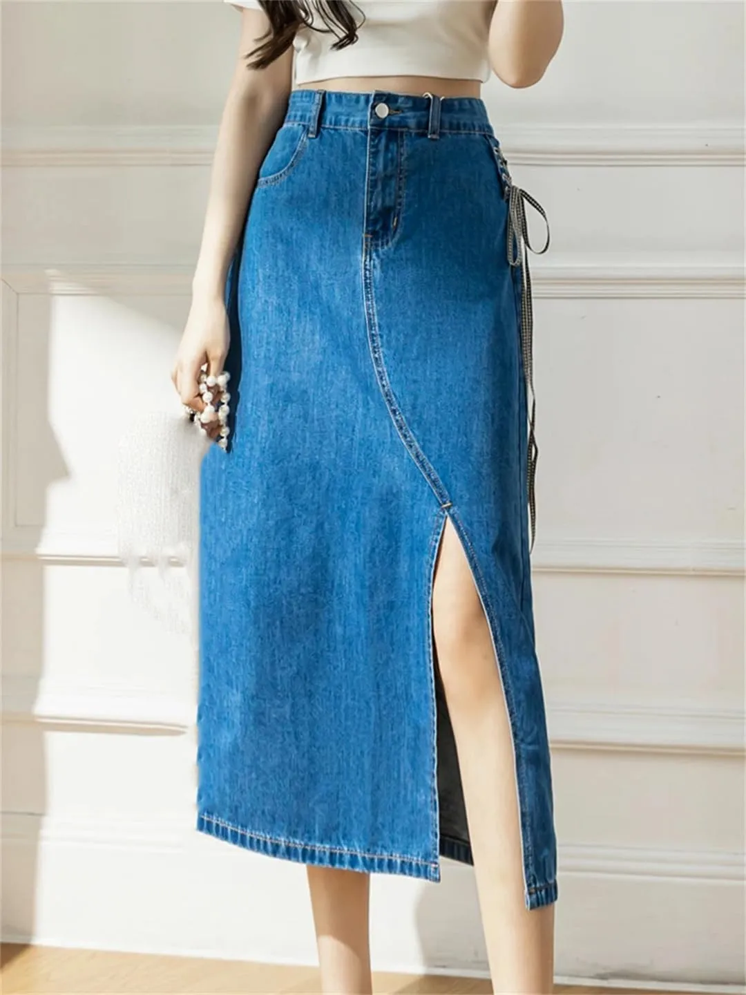Women's Sexy Side Lace-Up Jeans Skirts with Slit High-Waisted Big Pockets Irregular Denim Skirts