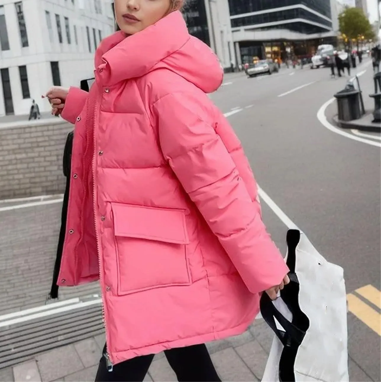 Women's Solid Big Pocket Loose Parka Coat Vintage Hooded Stand Collar Cotton-Padded Jacket