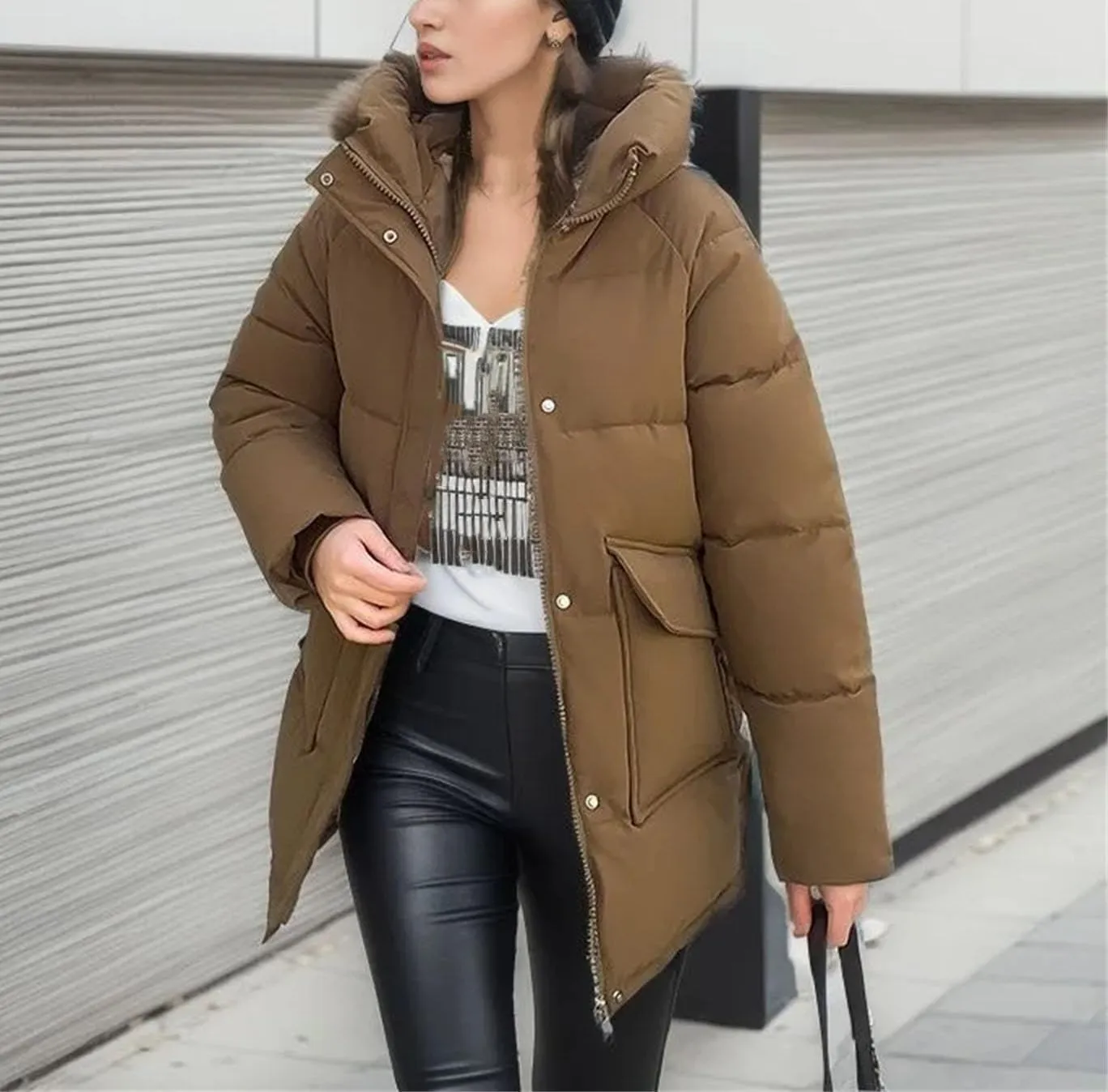Women's Solid Big Pocket Loose Parka Coat Vintage Hooded Stand Collar Cotton-Padded Jacket