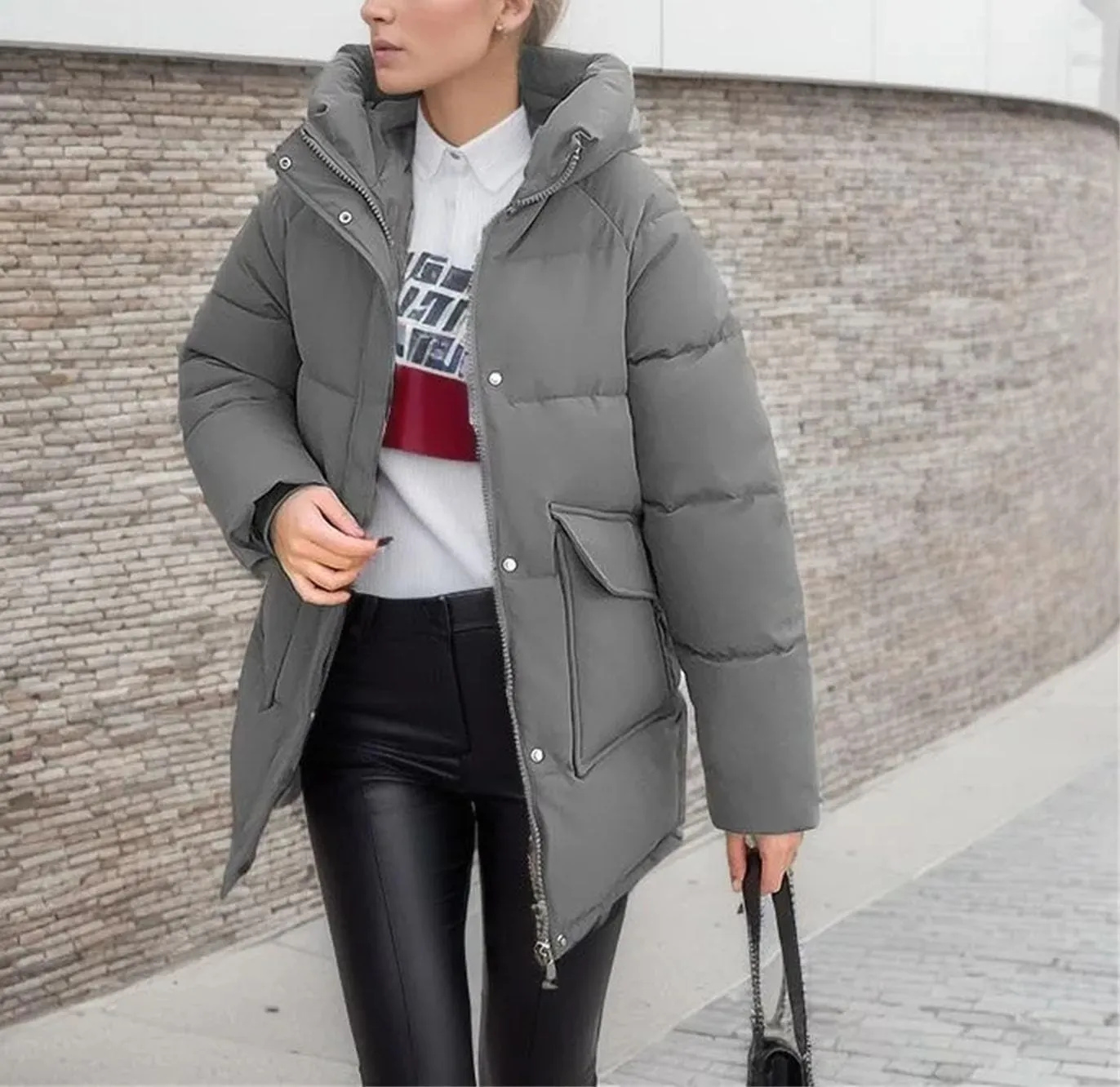 Women's Solid Big Pocket Loose Parka Coat Vintage Hooded Stand Collar Cotton-Padded Jacket