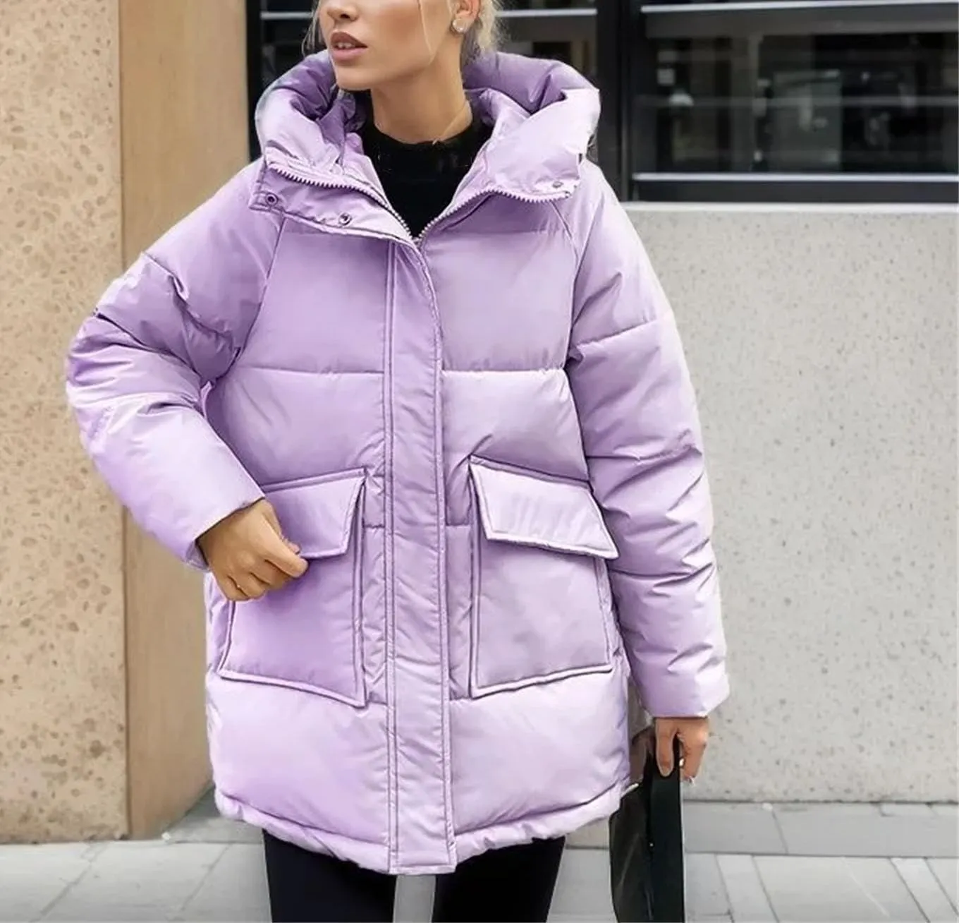 Women's Solid Big Pocket Loose Parka Coat Vintage Hooded Stand Collar Cotton-Padded Jacket