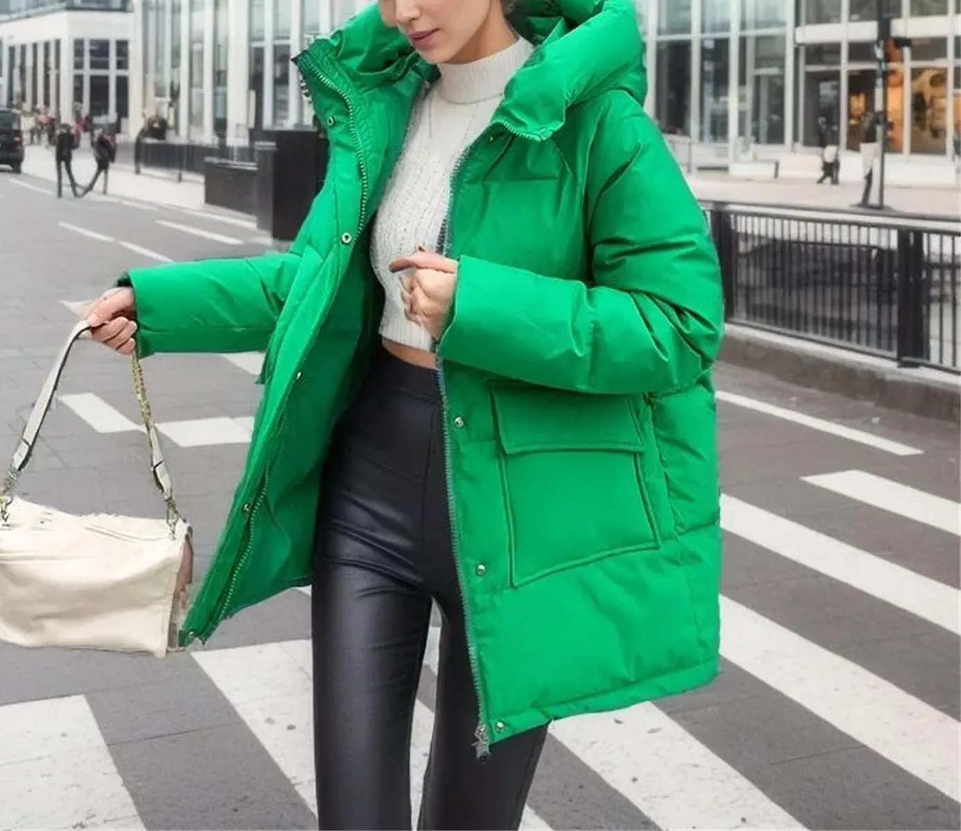 Women's Solid Big Pocket Loose Parka Coat Vintage Hooded Stand Collar Cotton-Padded Jacket