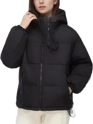 Women's Solid Color Zipper Pockets Parka Coat Vintage Hooded Short Cotton-Padded Jacket