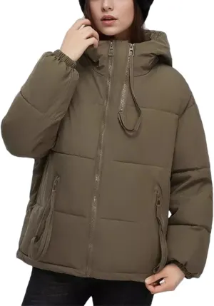 Women's Solid Color Zipper Pockets Parka Coat Vintage Hooded Short Cotton-Padded Jacket