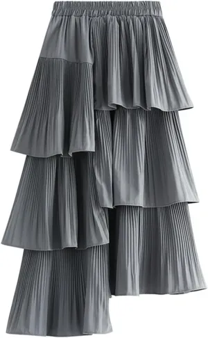Women's Spring Long Asymmetric Pleated Cake Skirt Ruffle Irregular Midi Skirts