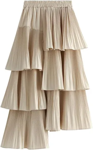 Women's Spring Long Asymmetric Pleated Cake Skirt Ruffle Irregular Midi Skirts