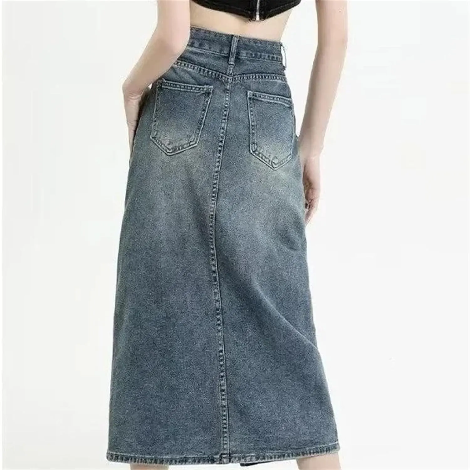 Women's Spring Summer High-Waisted Denim Skirt  Medium-Length A-Line Petite Fit Casual Slit Midi Jean Skirt