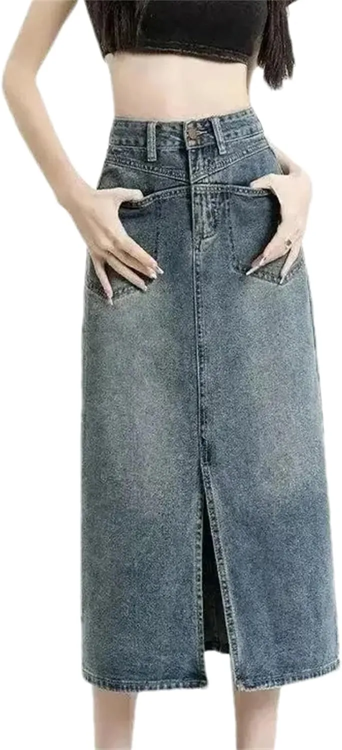Women's Spring Summer High-Waisted Denim Skirt  Medium-Length A-Line Petite Fit Casual Slit Midi Jean Skirt