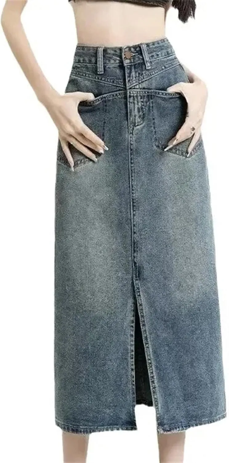 Women's Spring Summer High-Waisted Denim Skirt  Medium-Length A-Line Petite Fit Casual Slit Midi Jean Skirt