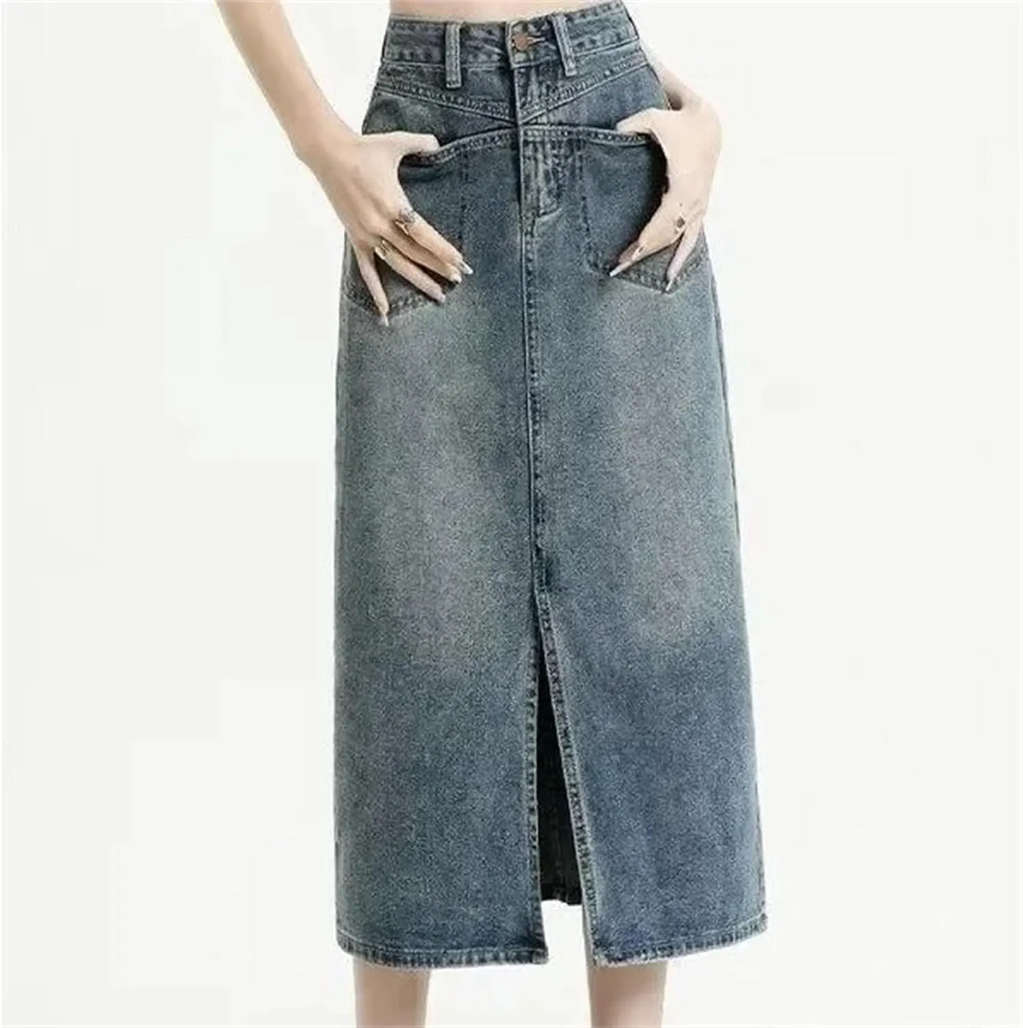 Women's Spring Summer High-Waisted Denim Skirt  Medium-Length A-Line Petite Fit Casual Slit Midi Jean Skirt