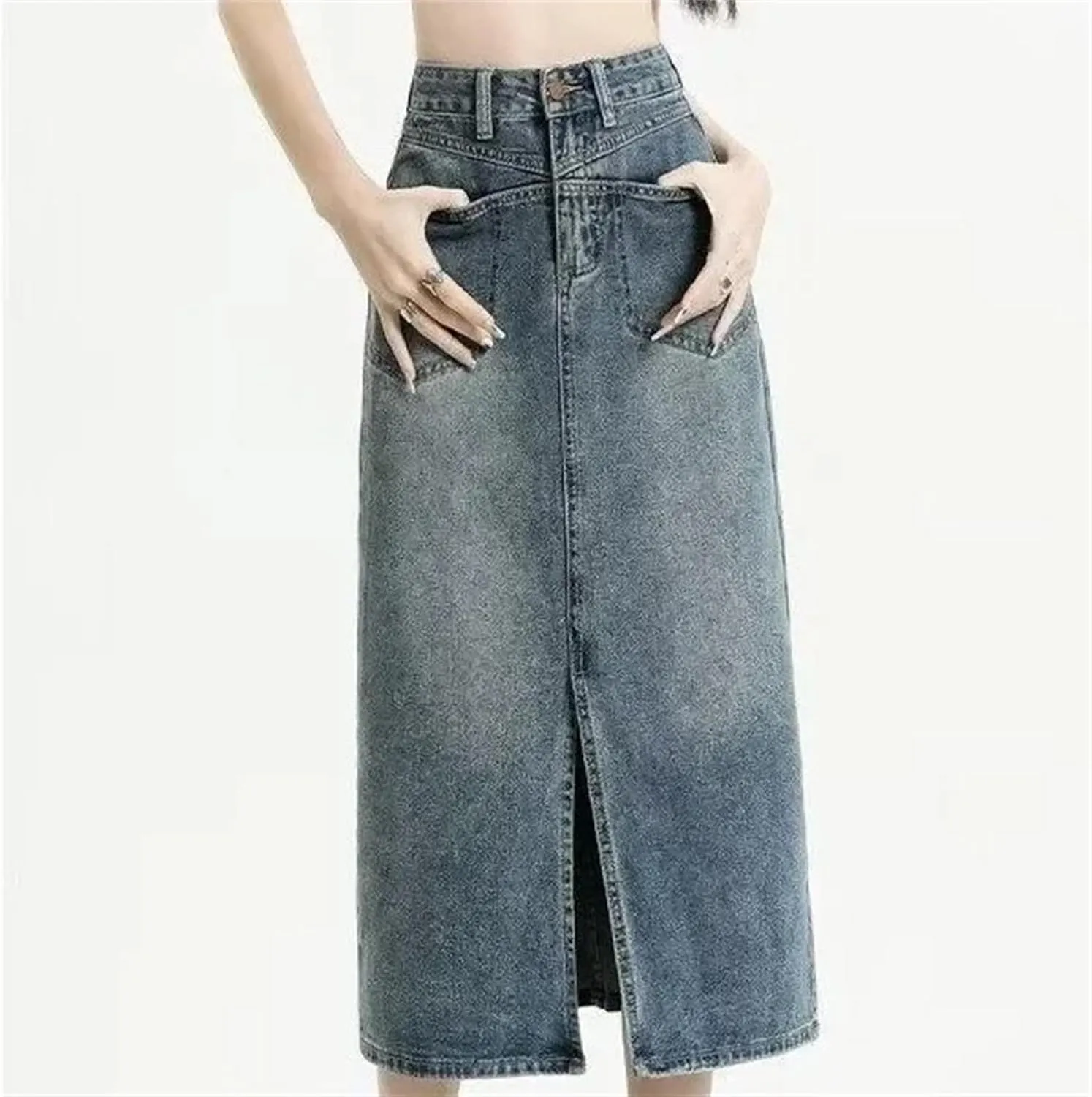 Women's Spring Summer High-Waisted Denim Skirt  Medium-Length A-Line Petite Fit Casual Slit Midi Jean Skirt
