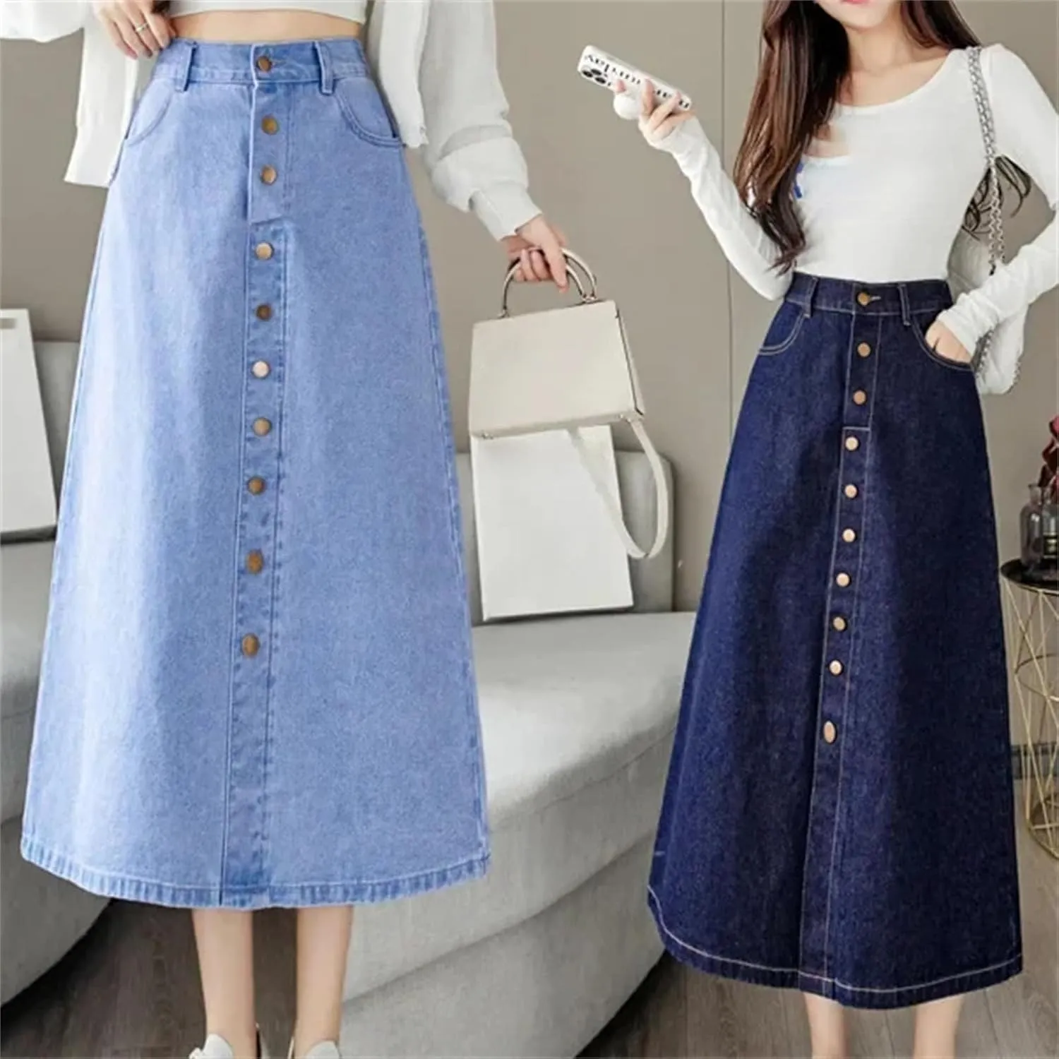 Women's Spring-Summer Medium-Length Denim Skirt  High-Waisted A-Line Casual with Elastic Waist and Pockets