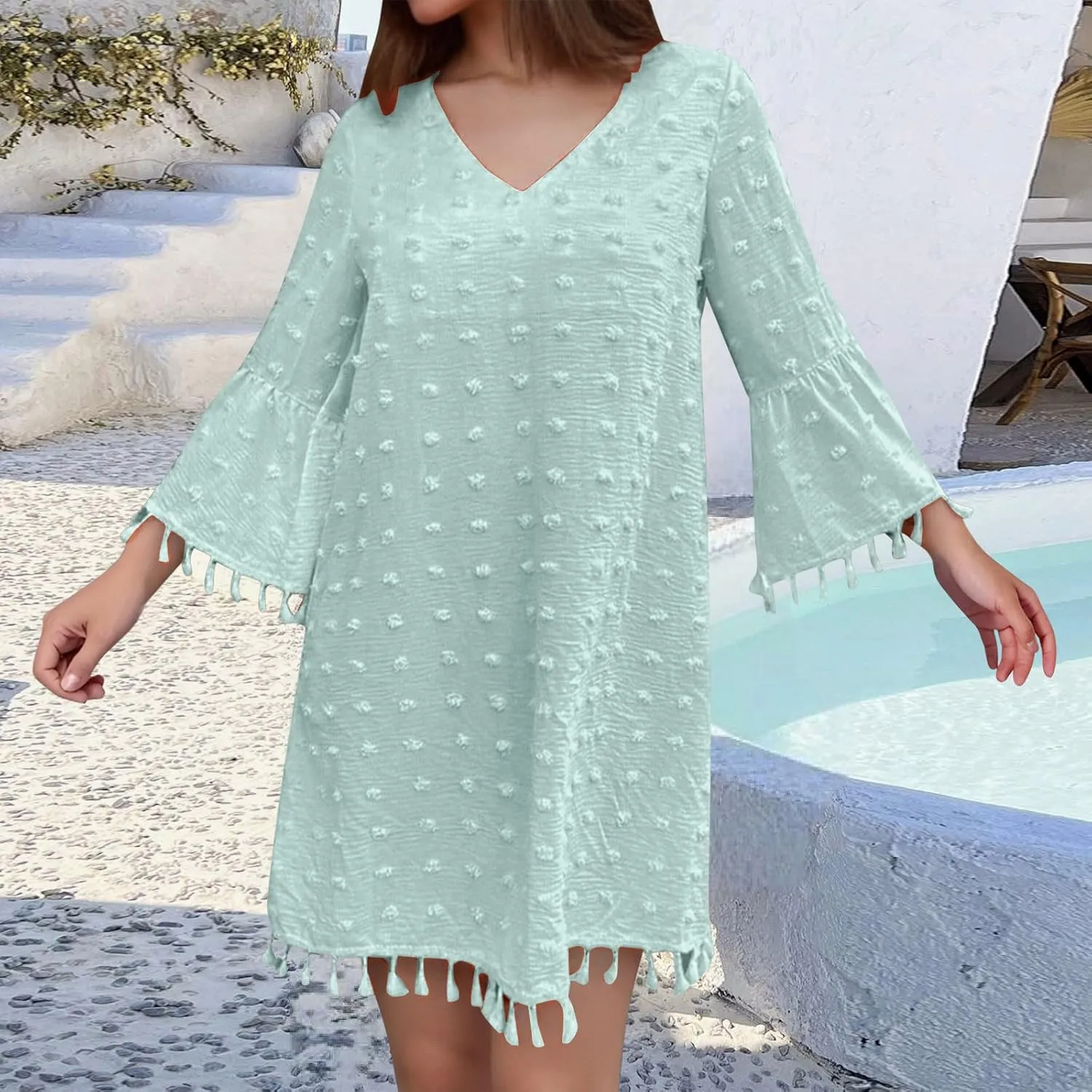 Women's Summer 3/4 Sleeve V Neck Mini Dress Chiffon Polka Dot Flowy Short Dress Tight Woman Dresses