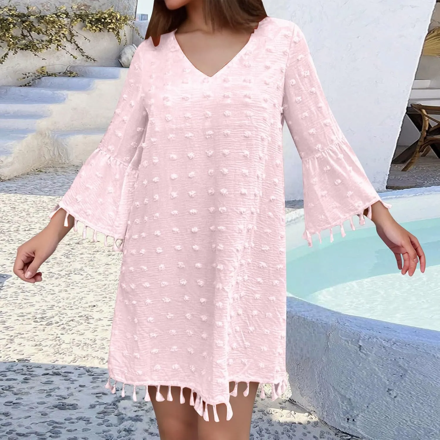 Women's Summer 3/4 Sleeve V Neck Mini Dress Chiffon Polka Dot Flowy Short Dress Tight Woman Dresses