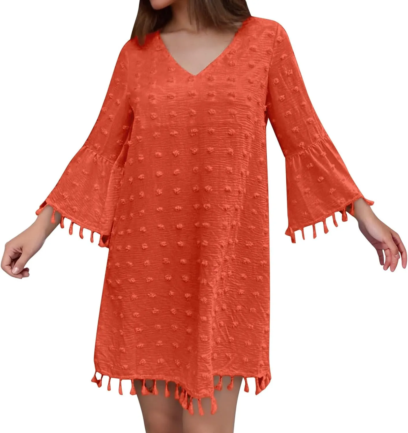 Women's Summer 3/4 Sleeve V Neck Mini Dress Chiffon Polka Dot Flowy Short Dress Tight Woman Dresses