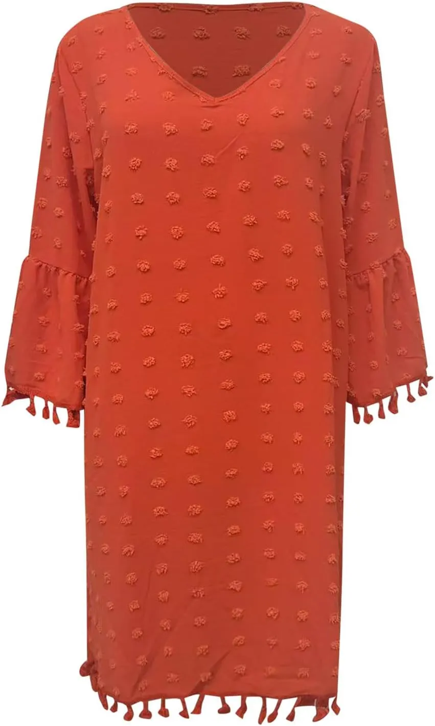 Women's Summer 3/4 Sleeve V Neck Mini Dress Chiffon Polka Dot Flowy Short Dress Tight Woman Dresses