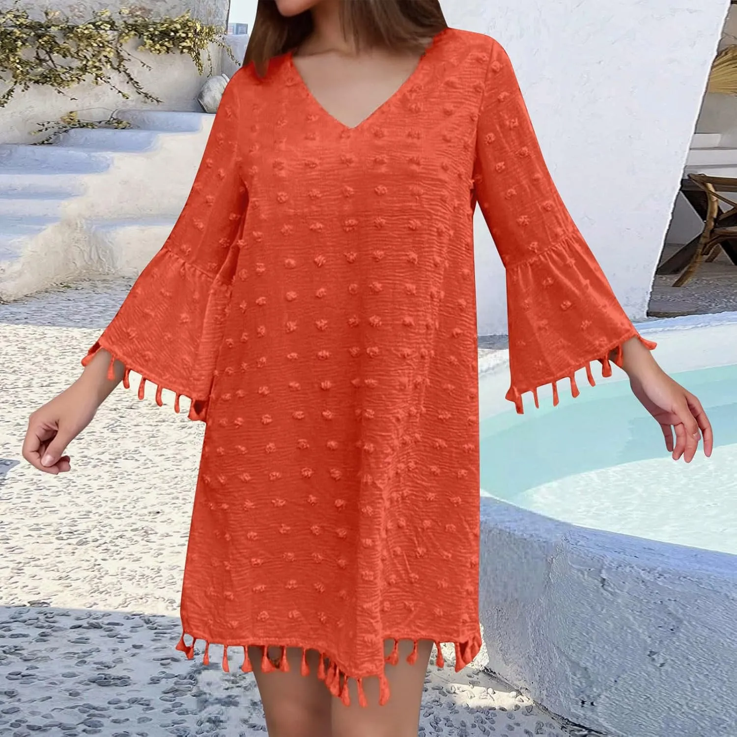 Women's Summer 3/4 Sleeve V Neck Mini Dress Chiffon Polka Dot Flowy Short Dress Tight Woman Dresses