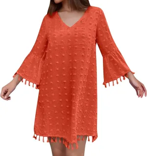 Women's Summer 3/4 Sleeve V Neck Mini Dress Chiffon Polka Dot Flowy Short Dress Tight Woman Dresses