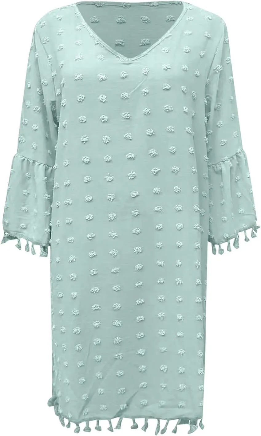 Women's Summer 3/4 Sleeve V Neck Mini Dress Chiffon Polka Dot Flowy Short Dress Tight Woman Dresses