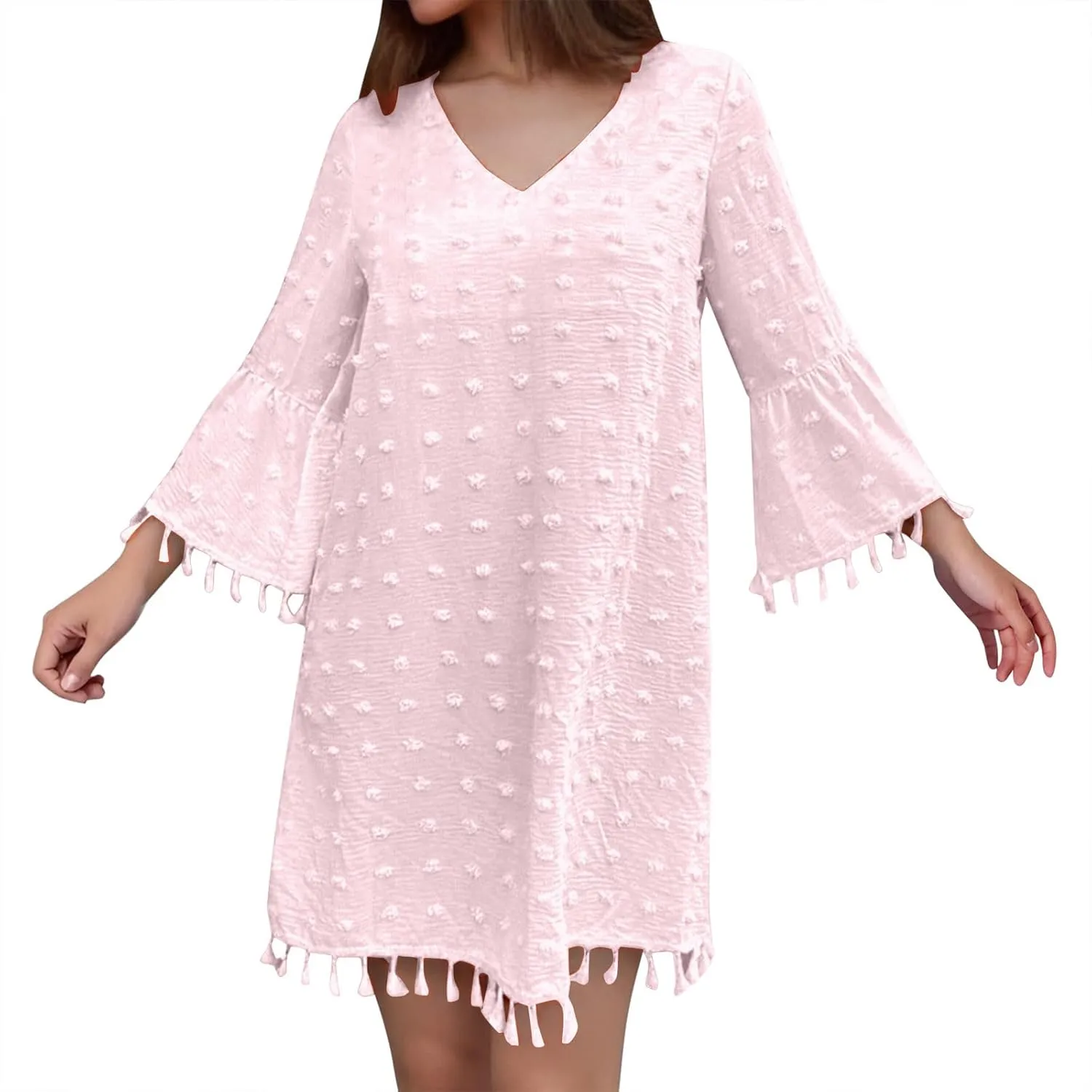 Women's Summer 3/4 Sleeve V Neck Mini Dress Chiffon Polka Dot Flowy Short Dress Tight Woman Dresses
