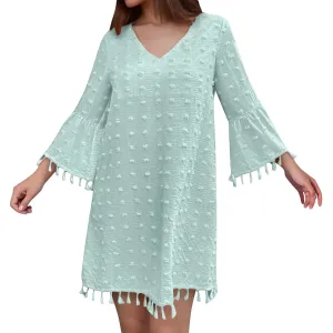 Women's Summer 3/4 Sleeve V Neck Mini Dress Chiffon Polka Dot Flowy Short Dress Tight Woman Dresses