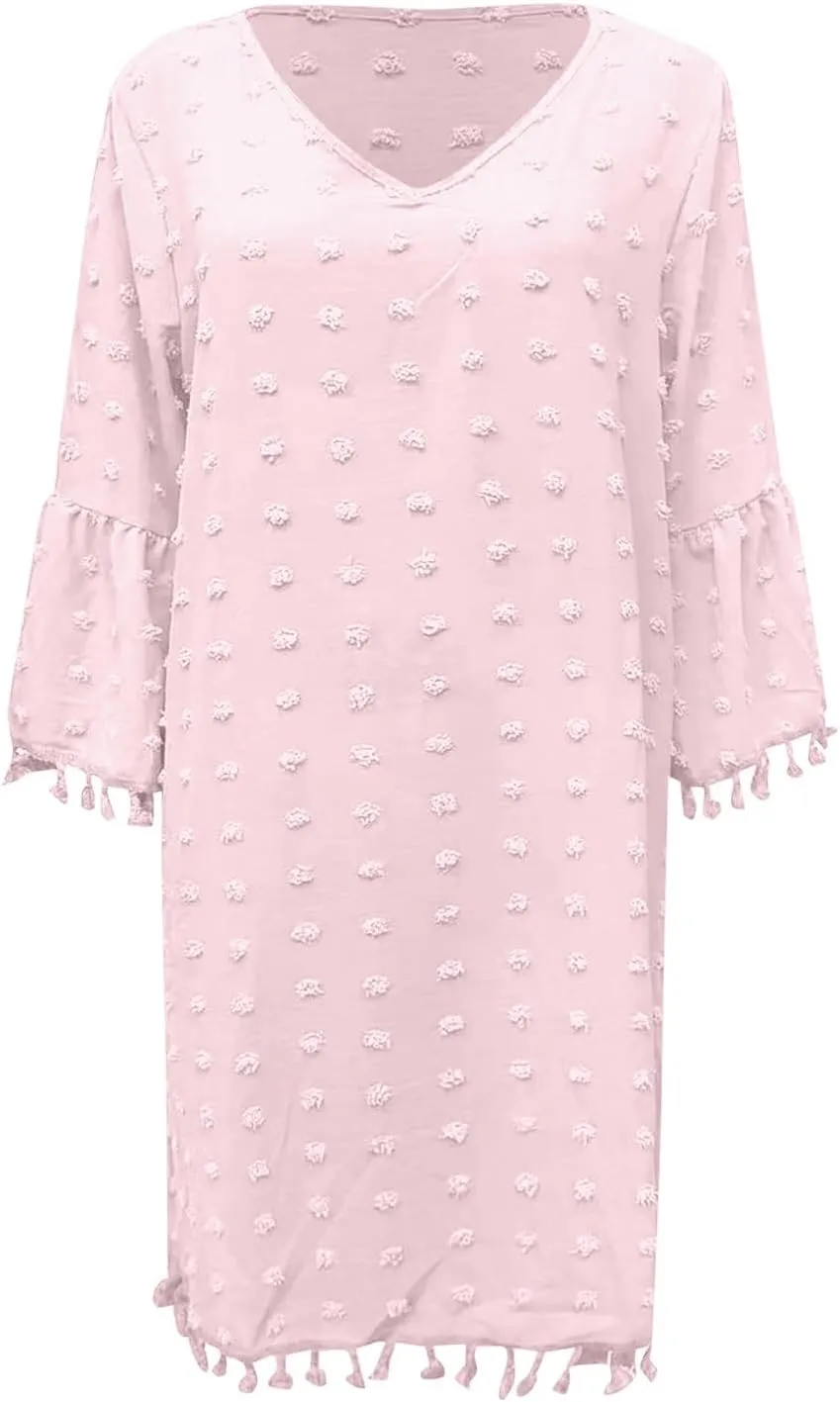 Women's Summer 3/4 Sleeve V Neck Mini Dress Chiffon Polka Dot Flowy Short Dress Tight Woman Dresses
