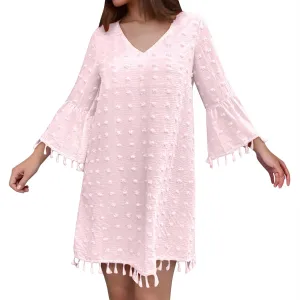Women's Summer 3/4 Sleeve V Neck Mini Dress Chiffon Polka Dot Flowy Short Dress Tight Woman Dresses