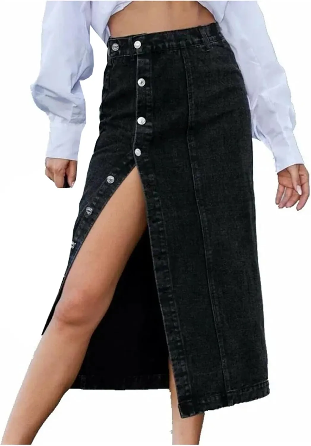 Women's Summer Casual Slit Midi Denim Skirts Vintage High Waisted Sexy Button Up A-LINE Jeans Skirt
