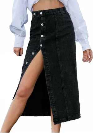 Women's Summer Casual Slit Midi Denim Skirts Vintage High Waisted Sexy Button Up A-LINE Jeans Skirt