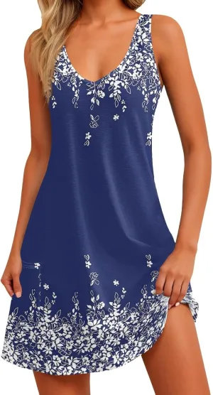 Women's Summer Casual Sundress Cute Tank Dresses Boho Beach Vacation V Neck Loose Dress with Pockets 2025 S-3XL