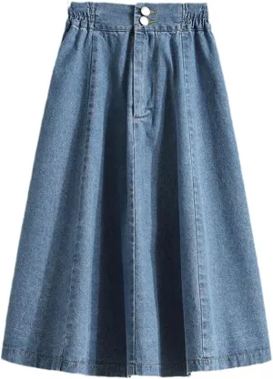 Women's Summer Elegant Midi Denim Skirt Fashion High Waist Casual Pleated Jeans Skirt