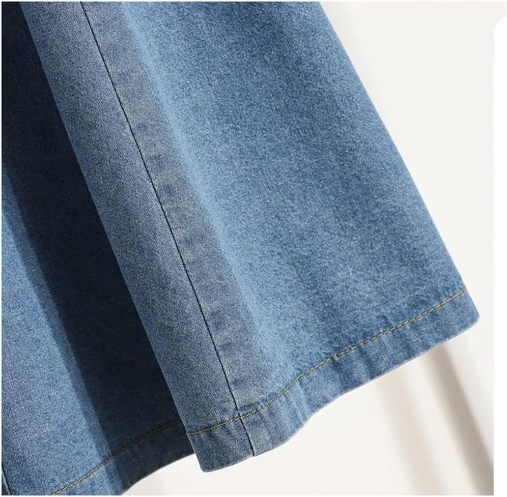 Women's Summer Elegant Midi Denim Skirt Fashion High Waist Casual Pleated Jeans Skirt