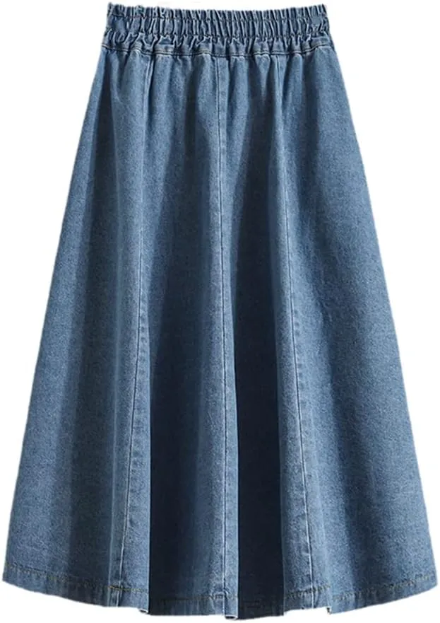 Women's Summer Elegant Midi Denim Skirt Fashion High Waist Casual Pleated Jeans Skirt