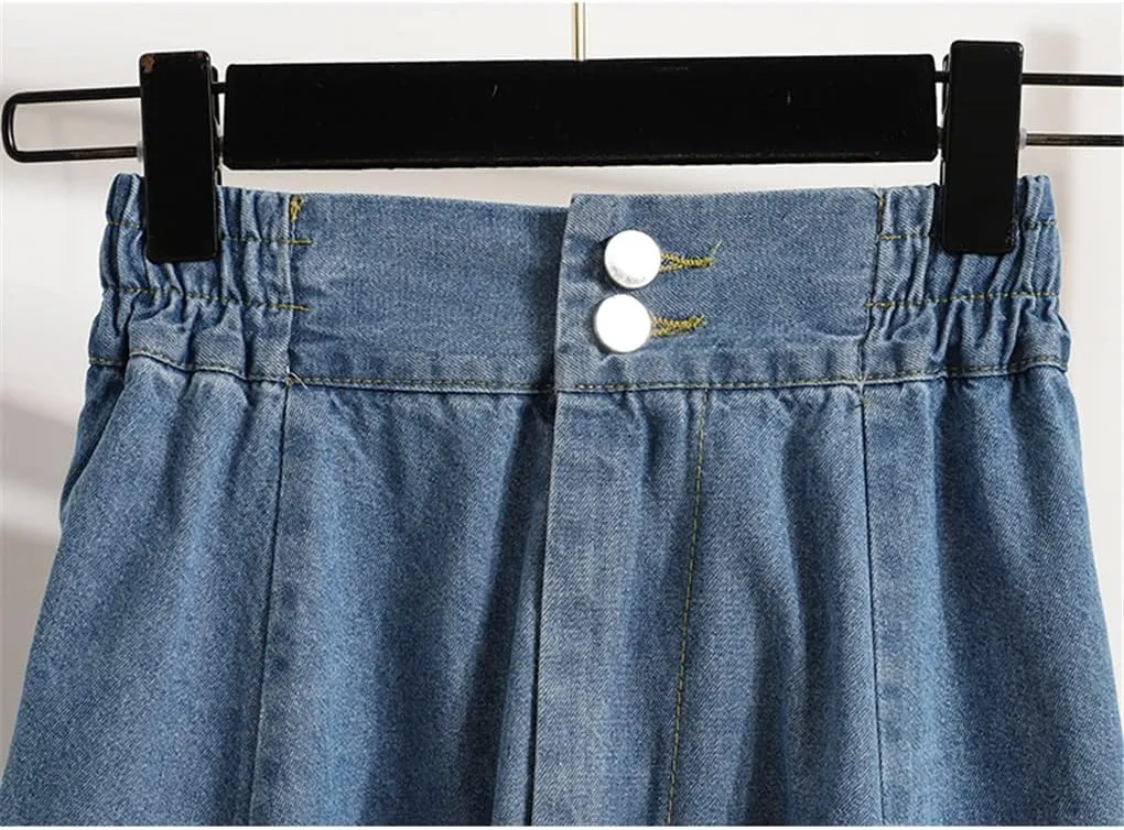 Women's Summer Elegant Midi Denim Skirt Fashion High Waist Casual Pleated Jeans Skirt