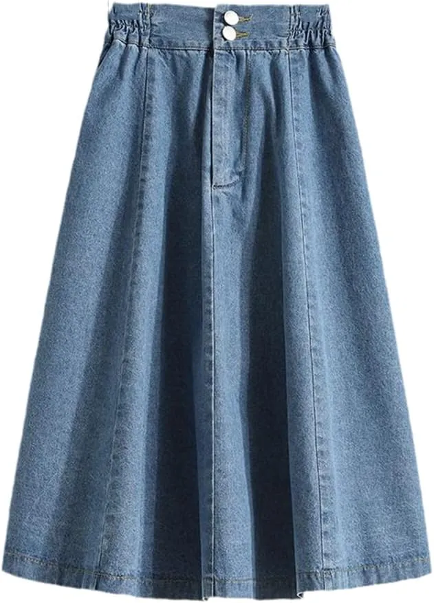 Women's Summer Elegant Midi Denim Skirt Fashion High Waist Casual Pleated Jeans Skirt