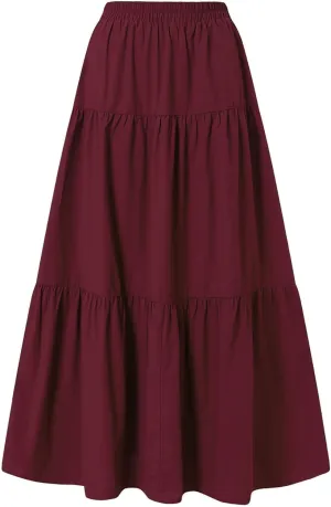 Womens Summer High Waist Boho Solid Color Maxi Skirt Casual Flowy Swing Tiered A Beach Long Skirts