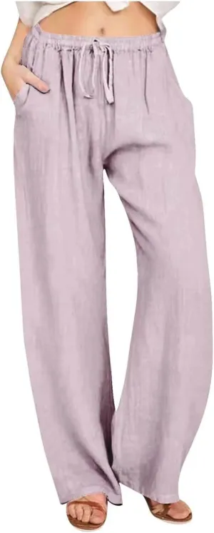 Womens Summer Linen Pants Casual Button up High Waisted Pant Dressy Wide Leg Long Trousers Pant Palazzo Lounge Pants