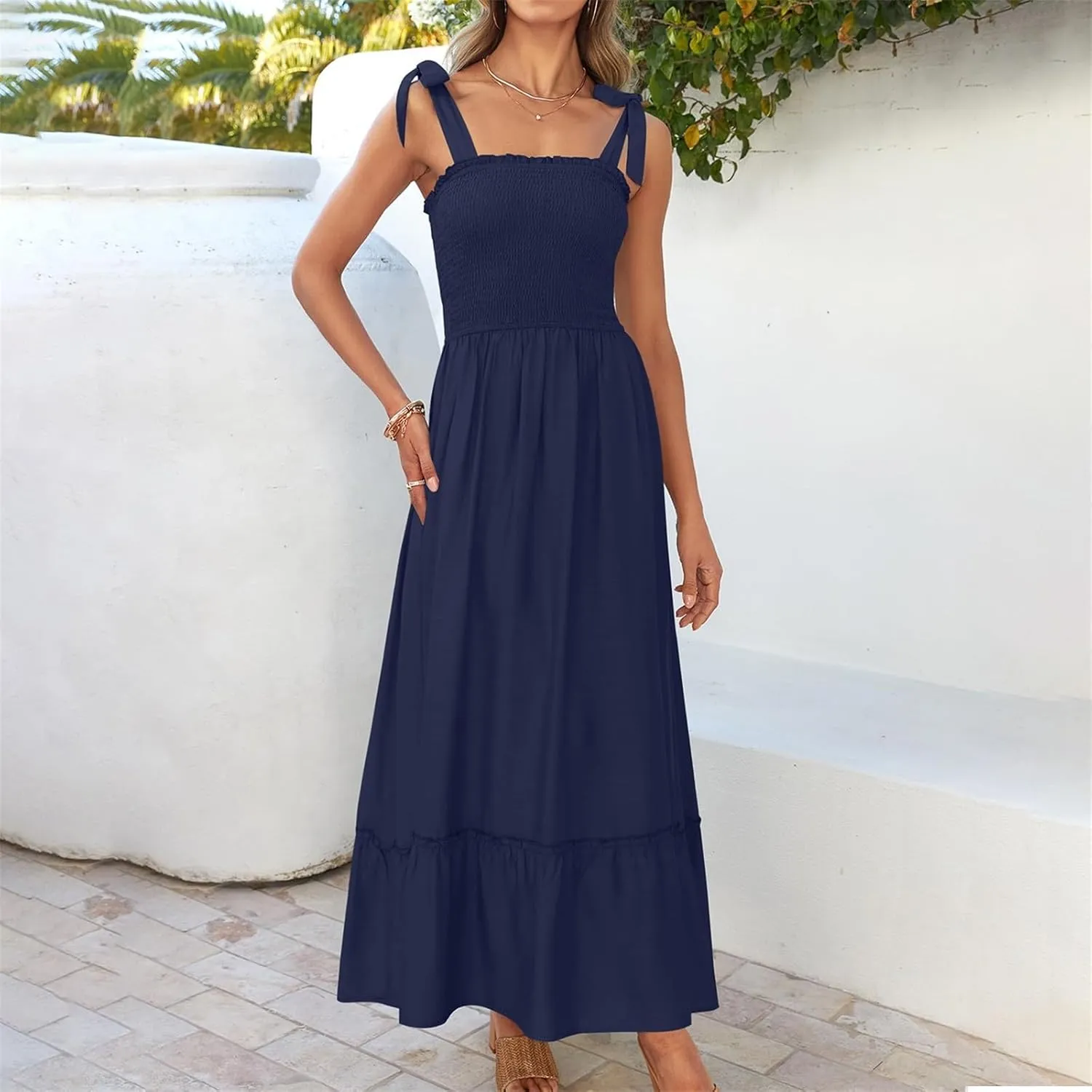 Women's Summer Maxi Dress Boho Spaghetti Straps Casual Long A-line Smocked Beach Square Neck Flowy Sundress