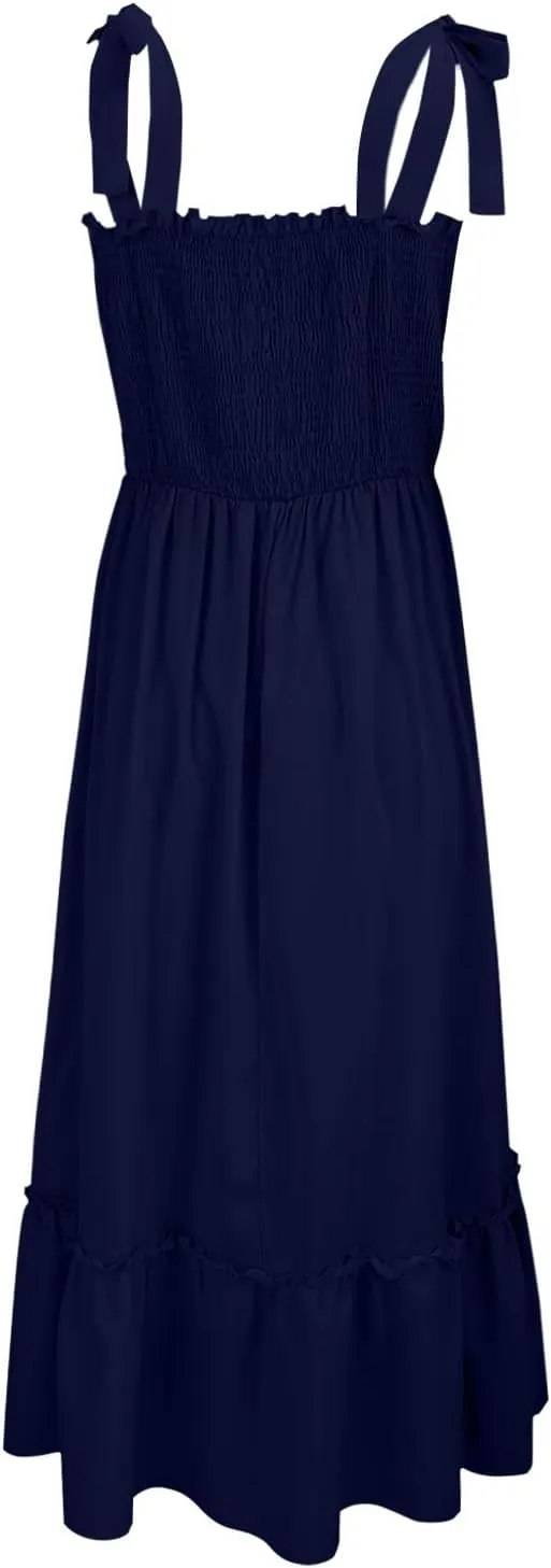 Women's Summer Maxi Dress Boho Spaghetti Straps Casual Long A-line Smocked Beach Square Neck Flowy Sundress