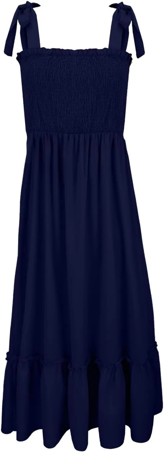 Women's Summer Maxi Dress Boho Spaghetti Straps Casual Long A-line Smocked Beach Square Neck Flowy Sundress