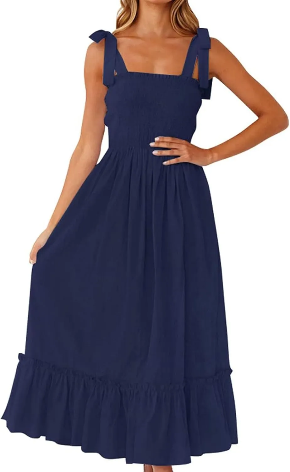 Women's Summer Maxi Dress Boho Spaghetti Straps Casual Long A-line Smocked Beach Square Neck Flowy Sundress