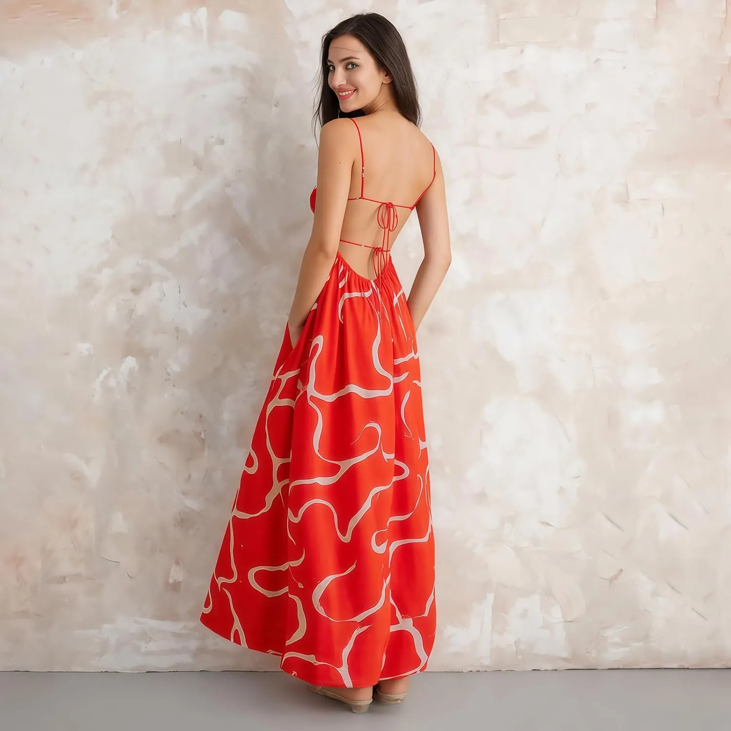Women's Summer Maxi Dresses Spaghetti Strap Backless Casual Loose Vacation Beach Boho Long Dress Sundress