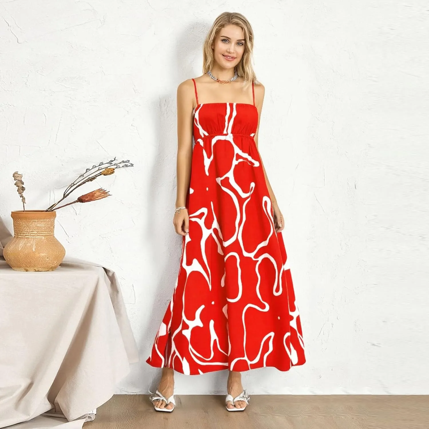 Women's Summer Maxi Dresses Spaghetti Strap Backless Casual Loose Vacation Beach Boho Long Dress Sundress